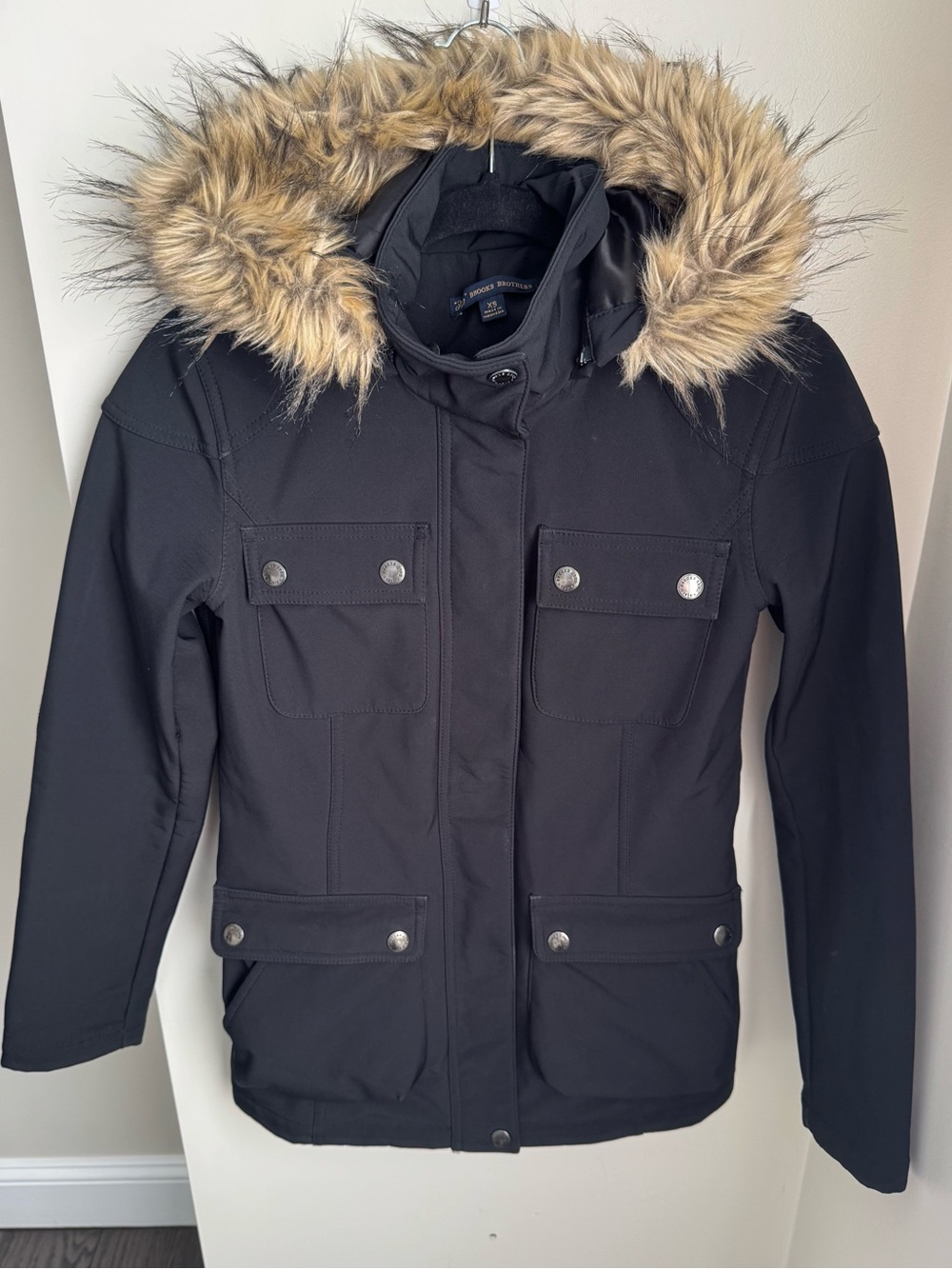 Brooks Brothers Women's Black Hooded Faux Fur Trim Parka Jacket Size XS